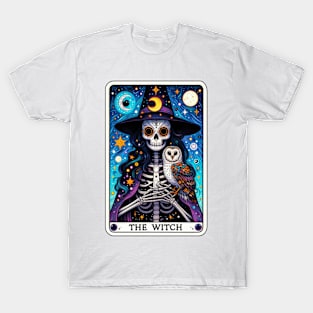 Mystical Night Sky Witch Skeleton and Owl Tarot T-Shirt